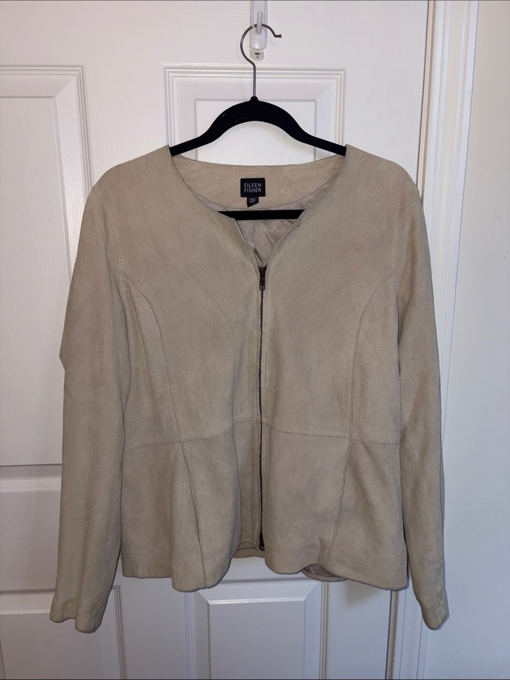 Eileen Fisher Neutral Cream Suede Zip-Front Jacket